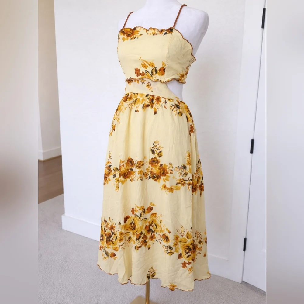 Francesca’s Yellow Floral Cutout Midi Dress S Boho Cottagecore Summer Sundress - Picture 3 of 8